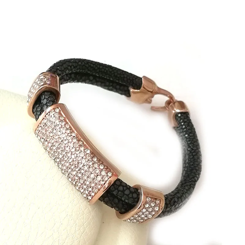 Beichong Black Stingray Leather With Rose Glod Clasp 316L Stainless Steel Leather Bracelet Bangle  with White zircon stone