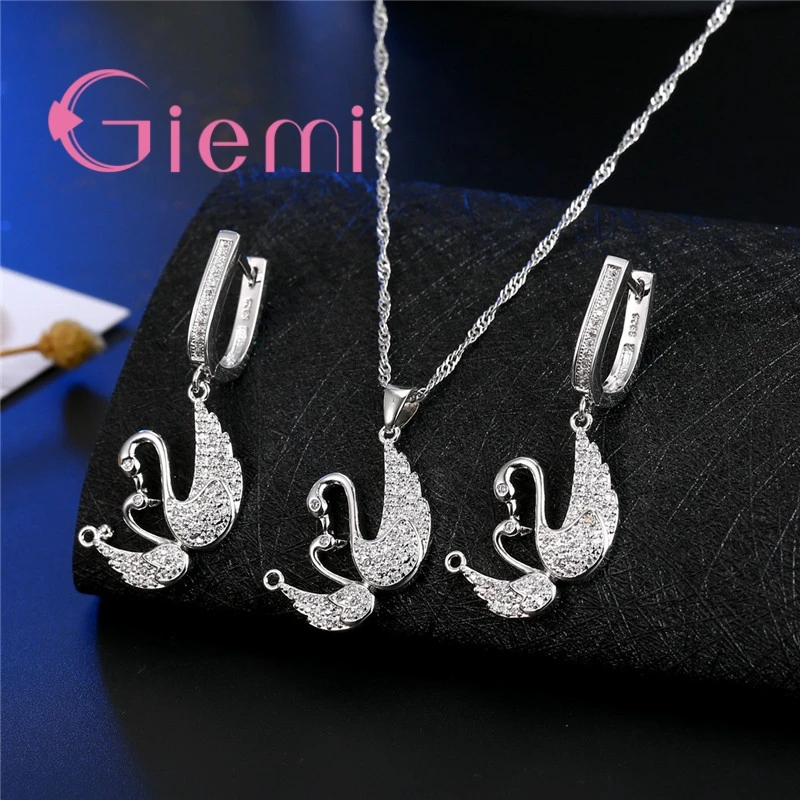 

The Best Gift For Bride Two Swan Togetger 925 Sterling Silver Earrings+Necklace Crystal Jewelry Sets Cubic Zircon Bijoux