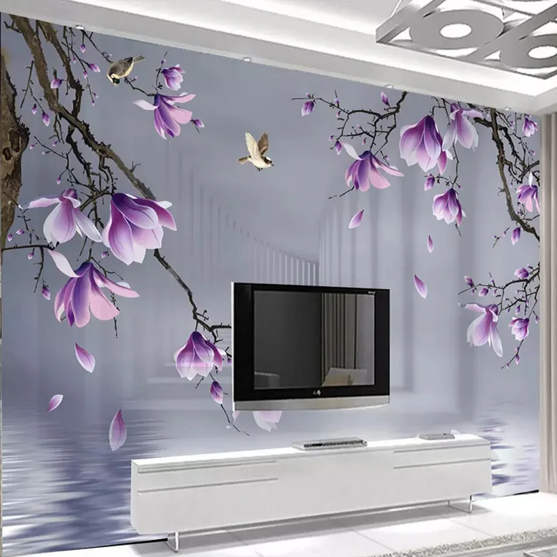 

Custom Wallpaper Modern 3D Purple Magnolia Bird Flowers Space Murals Living Room TV Sofa Background Wall Paper For 3D Home Decor