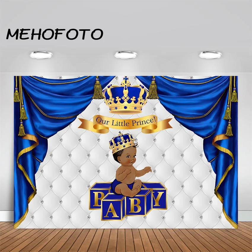 

Royal Prince Baby Shower Photography Background Royal Blue Curtain Gold Crown Africa American Boy Baby Shower Backdrops