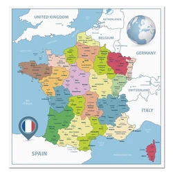 Póster de mapa de Francia, tamaño de decoración de pared, mapa grande de Francia, 60x60cm, impermeable y resistente a roturas