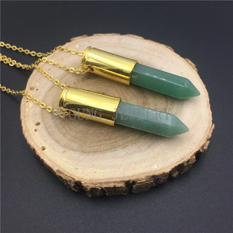 MY0820 Green Aventurine Spike Point Pendant with Large Pure Gold Color Cap And Chain Necklace