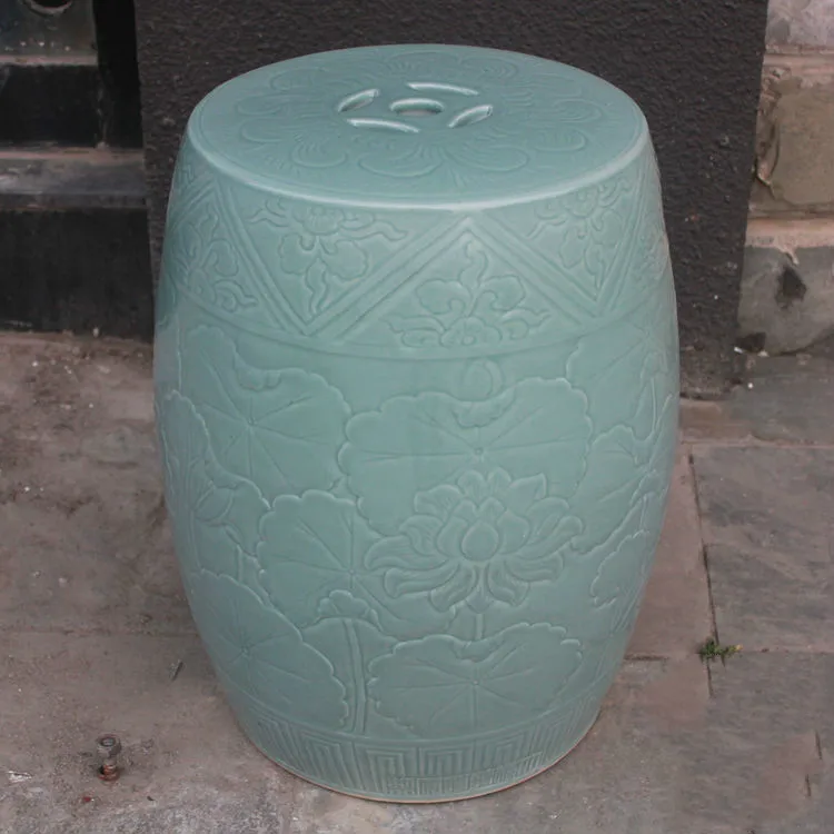 Jingdezhen Ceramic Stool Porcelain Stool Pink Blue Glaze Carving Lotus Garden Bathroom Balcony home decoration porcelain Stool