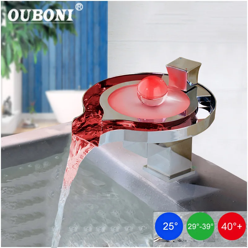 OUBONI Luxury Solid Brass Polished Chrome LED Deck Mount Waterfall Bathroom Basin Faucet Contemporary Square Sink Mixer Tap