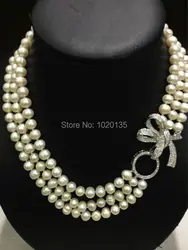 one set 3rows freshwater pearl white near round 8-9mm nature necklace bracelet 17-19inch FPPJ & zircon hook