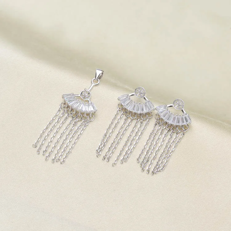 S925 Sterling Silver Tassel Pearl Pendant Holder+Pearl Earrings Settings 2Pieces Pearl Jewelry Set Accessory 3Sets/Lot