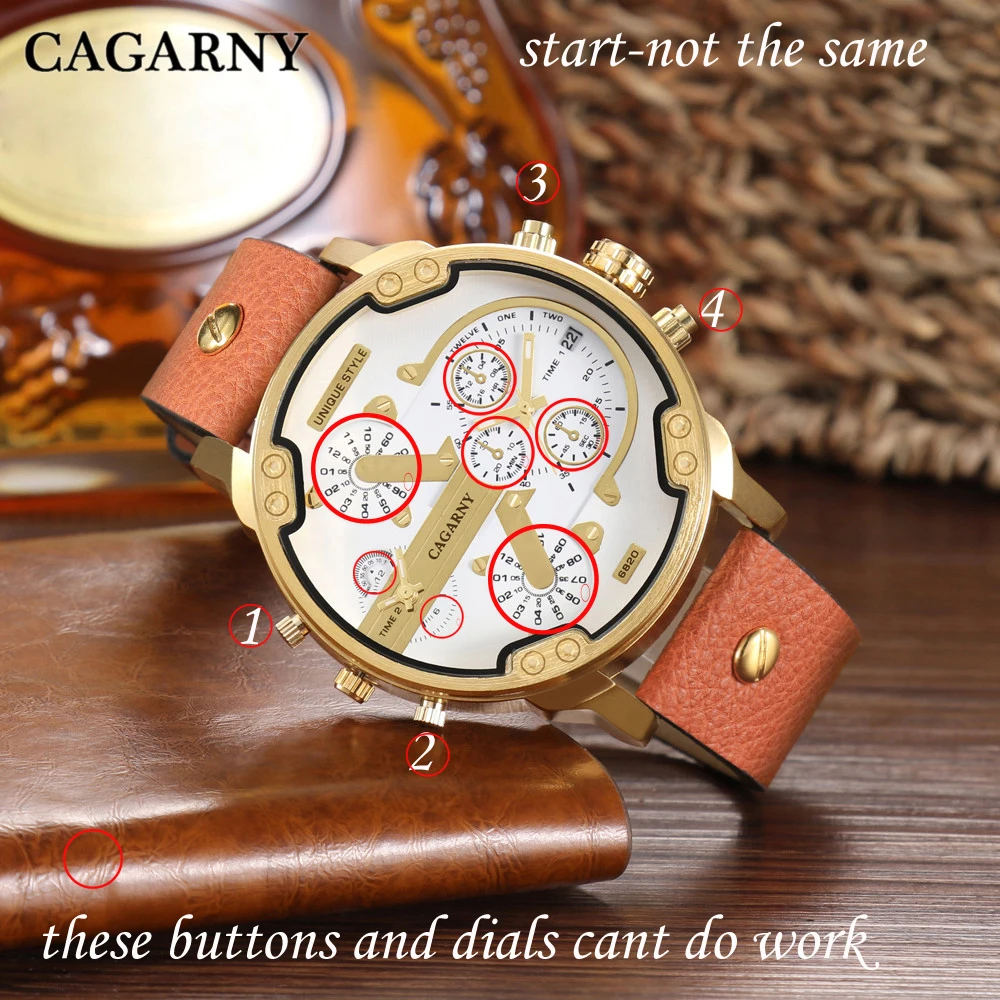 Luxury Cagarny Quartz Watch Men Black Leather Strap Golden Case Dual Times Military dz Relogio Masculino Casual Mens Watches Man