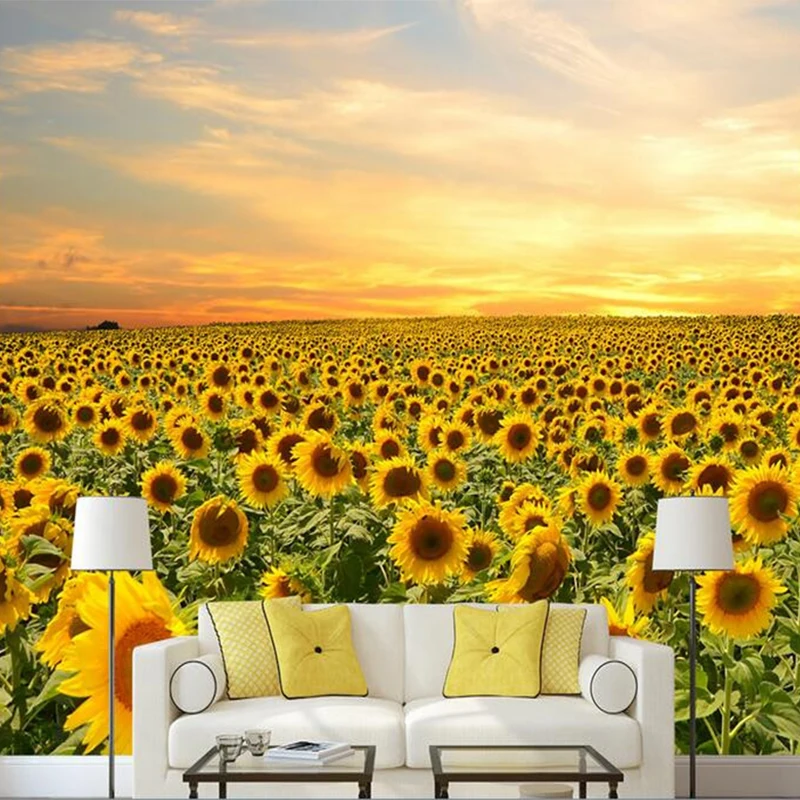 

beibehang Custom 3D Photo Mural Wallpaper Sunflower Field Under The Sunset Sofa Background Lifelike Floral Wall Paper For Living