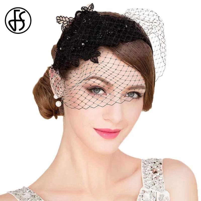 FS Fascinators Black With Veil White Wedding Hats Mesh Gauze Patchwork Women Pillbox Hat Party Formal Cocktail Church For Ladies