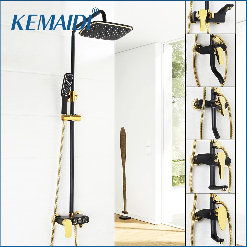 

KEMAIDI New Arrival Bathroom Black Shower Set Wall Mounted Rainfall Shower Mixer Tap Faucet 3-functions Mixer Valve Good Quality