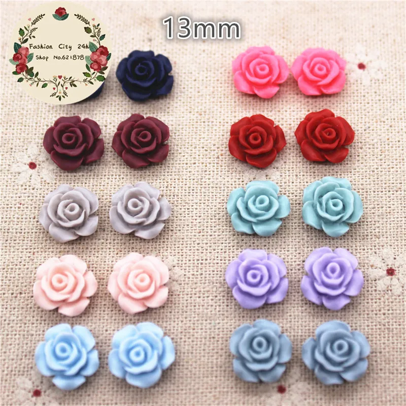 50PCS 13mm Matte Color Vintage Resin Rose Flowers Flatback Cabochon Embellishment Accessories DIY Craft