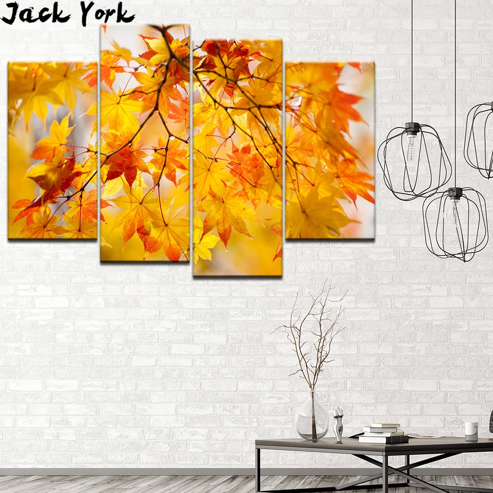 Canvas Painting Yellow maple leaves in autumn 4 Pieces Wall Art Painting Modular Wallpapers Poster Print living room Home Decor