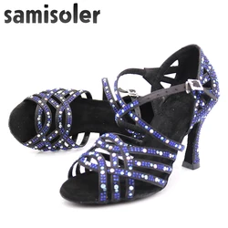 Samisoler-zapatos de baile latino para mujer, calzado de satén negro, azul oscuro, con diamantes de imitación, para fiesta de salsa y salón de baile