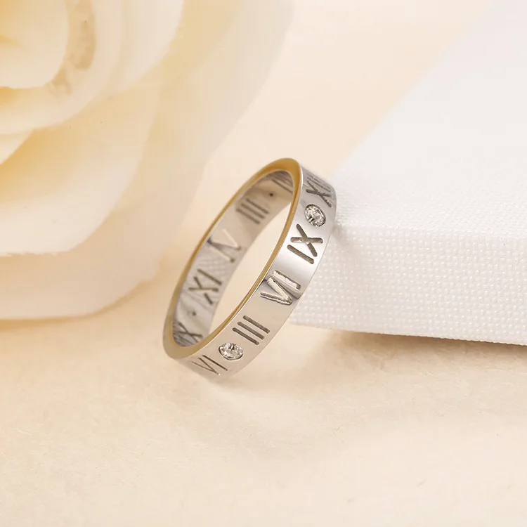 JeeMango Titanium Steel Mosaic Cubic Zirconia Crystal Roman Numeral Ring Classic Engagement Wedding Rings For Women R17158