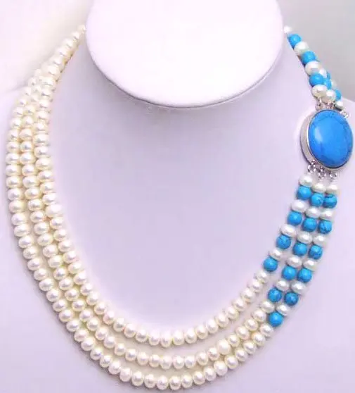 

SALE Natural 6-7mm Flat Round White freshwater Pearl 3 Strands neckalce-nec5200 wholesale/retail Free ship