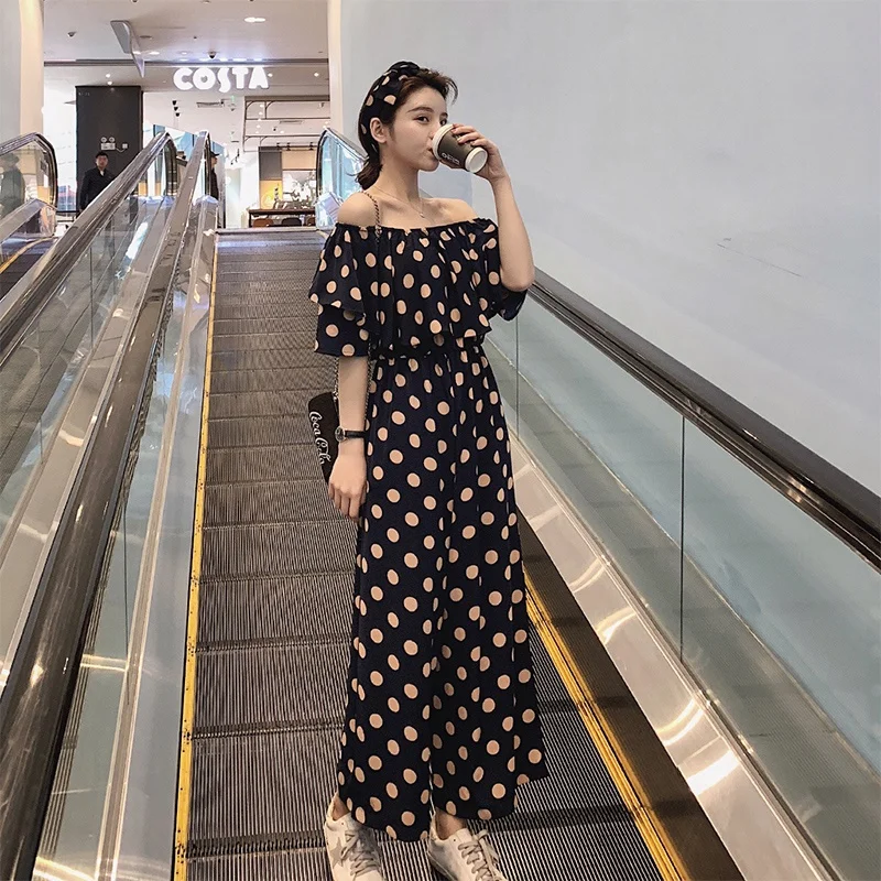 Boho chic Polka Dot kombinezon 2019 Off Shoulder Flunce koreański kombinezony zasznurować szerokie nogawki eleganckie kombinezony dla kobiet 2019 DD2160