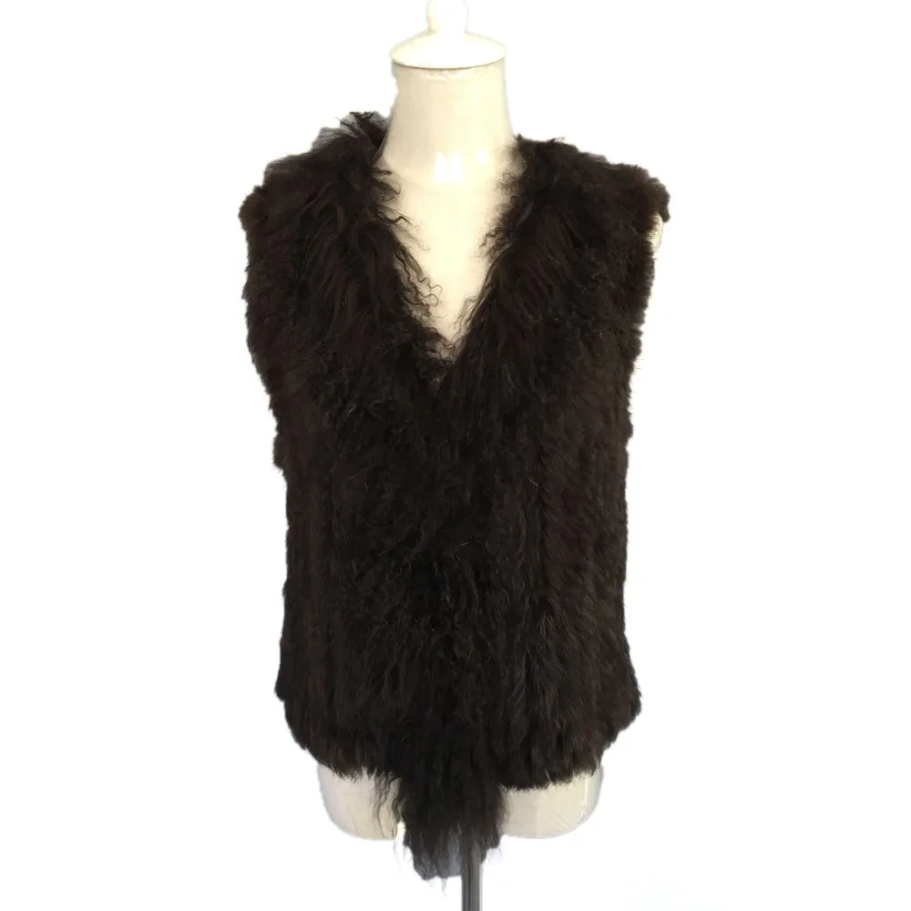 

Autumn Winter Women's Genuine Real Knitted Rabbit Fur Vest Lamb Fur Collar Lady Waistcoat Female Gilet VF5015