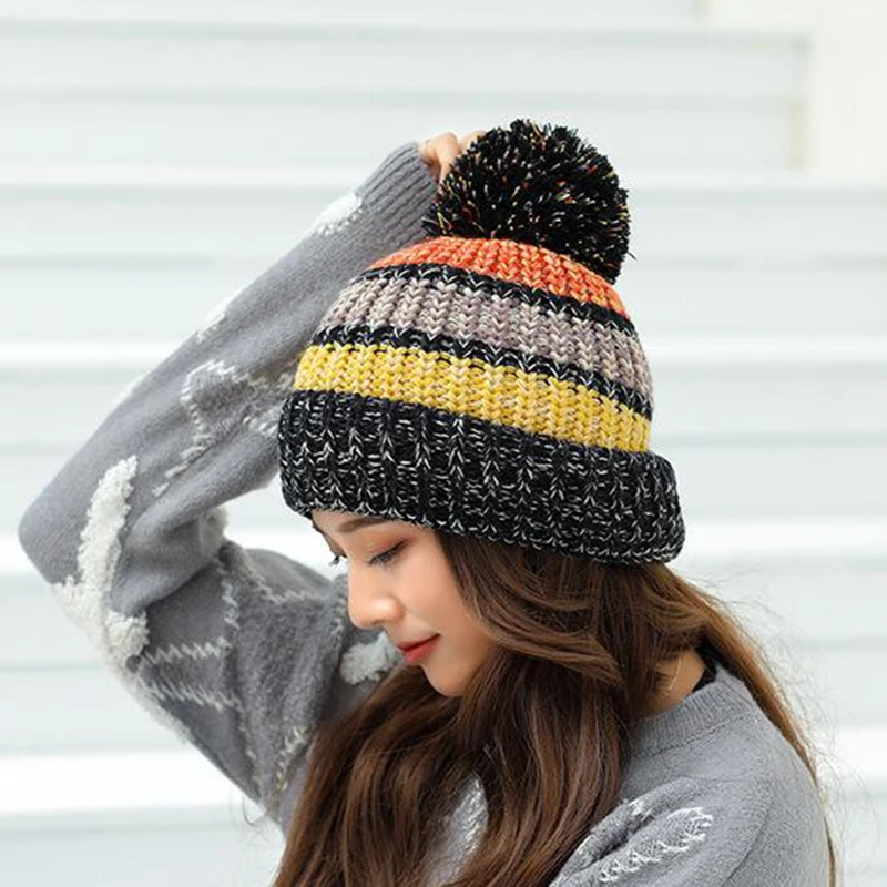 New Winter Hat For Women Ski Women\'s Cap Rainbow Colorful Wool Knitted Hat With Pompoms Female Warm Hat Skullies Beanies