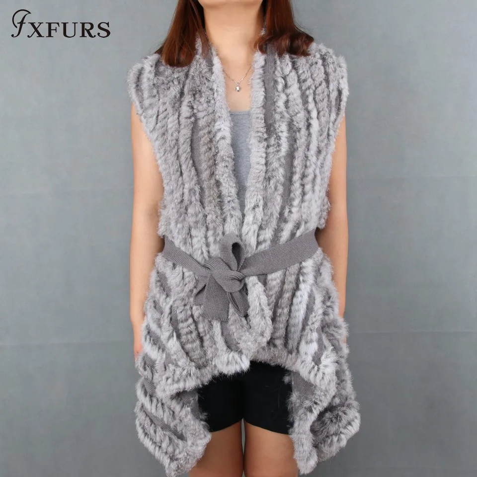 

FXFURS 2020 Hot Sale Sweater Rabbit Fur Shawl Knitted Rabbit Fur Vest Fashion Fur Cape Rabbit Fur Poncho with Belt