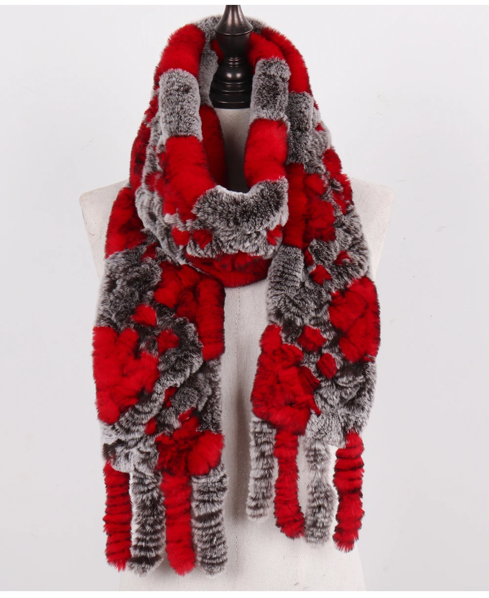Neue Damen-Schals aus 100% natürlichem Rex-Kaninchenfell, langer Stil, gestrickte Rex-Kaninchenfell-Quastenschals, warme Echtfell-Schals für den Winter. – Detail 30