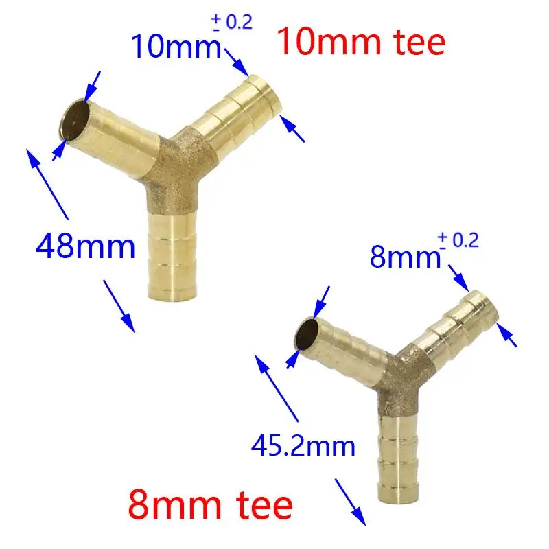 8mm 10mm Y Connector Brass Pipe Fitting copper 3 Way Hose Barb Connector Copper Barbed Coupler Adapter Coupling 2pcs