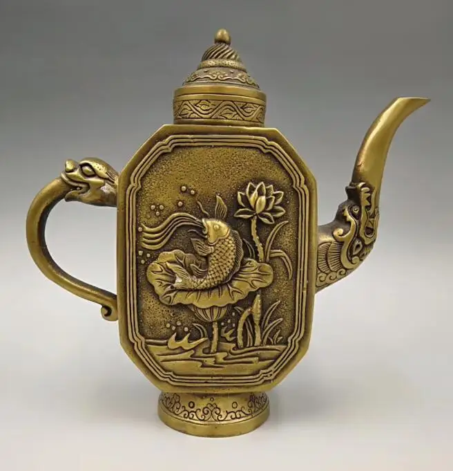 

Chinese pure brass Seiko carving carp lotus teapot craft statue