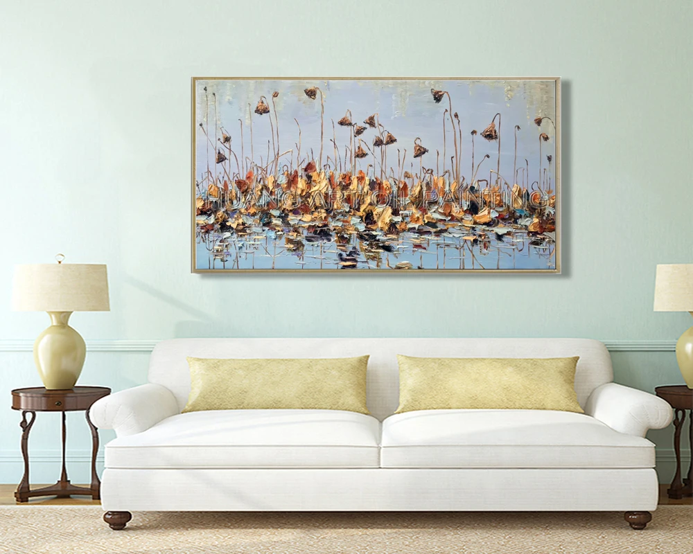 Hot Art Picture Artist Hand-painted High Quality Lotus Pond Landscape Oil Painting on Canvas Water Lily Knife Thick Oil Painting