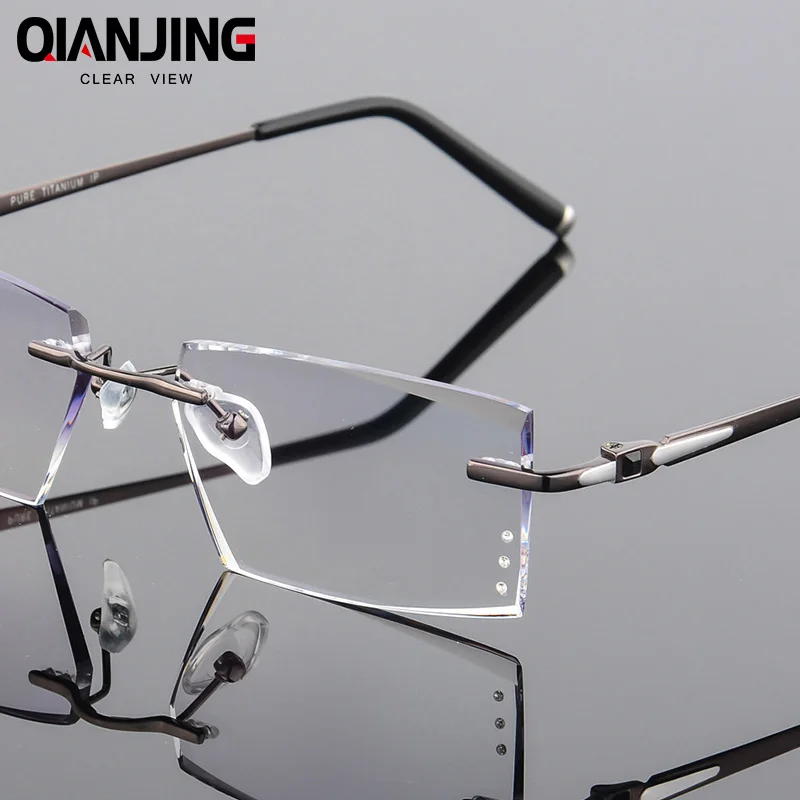 

QJ2018 Fashion Titanium Eyeglass Diamond Trimming Cutting Rimless Eyeglasses Prescription Optical Glasses Frame for Men Eyewear