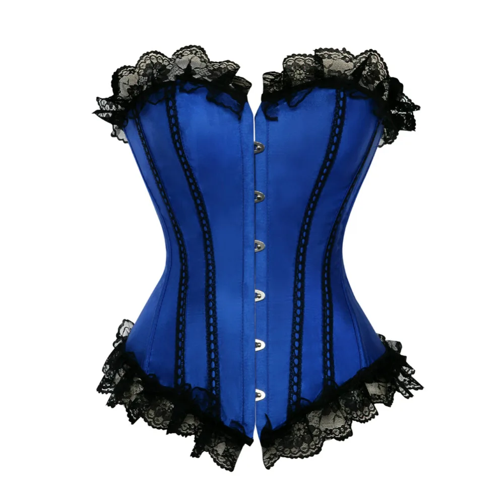 Women Sexy Corsets Satin Lace up Boned Overbust Corset and Bustier Trim Showgirl Sipe Lingerie