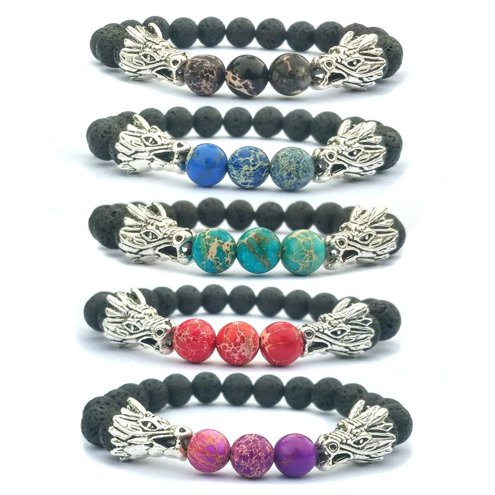 Womens Mens Fashion Black and White Beads Bracelet Natural Stone  Lava Bead Two Dragon Play One Ball Male Female Jewellery