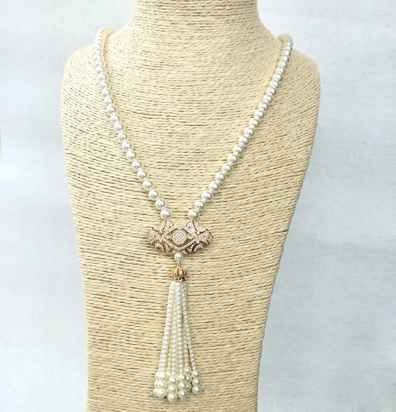 5pcs CZ zircon crystal Micro pave golden charm Pendant Connector, Shell Pearl Beads Chain tassels Women Necklace NK223