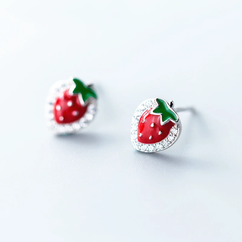 Red Strawberry Enamel 925 Sterling Silver Earrings Lovely Women Kid Girls Summer Fruit Contracted Jewelry for Christmas Gift