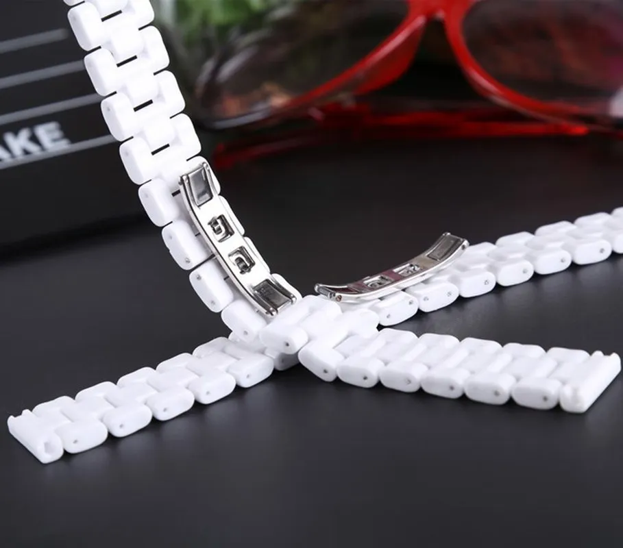 14mm 16mm 18mm White Ceramic Watchband Watchstrap Wristband Bracelet with Stainless Steel Buckle for Women Men