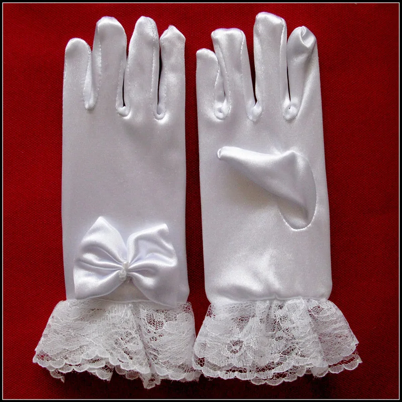 Lovely Elastic Girl Etiquette Performance Lace Wrist Gloves Satin Flower Lace Bow Gloves Short Children Princess Dance Glove B98