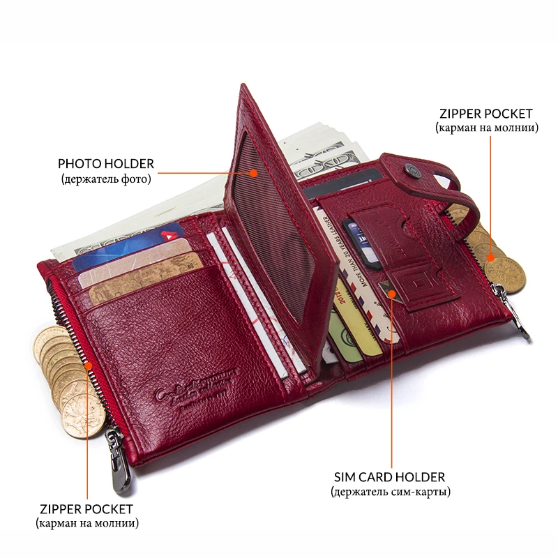 Contact\'S Genuine Leather Fashion Short Wallet Women Zipper Mini RFID Blocking Coin Purse Card Holder Wallets for Women