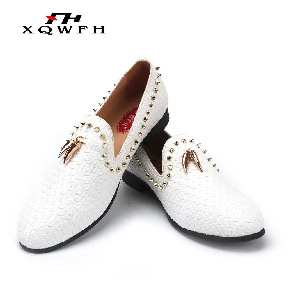 XQWFH Men\'s Braid Leather Loafers Tassel Luxury Penny Slippers Gold Rivets and Buckle Decoration Casual Flats Brand Dress Shoes