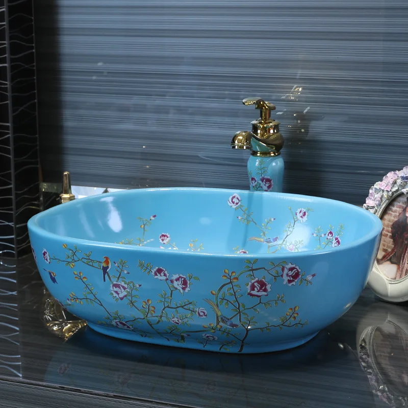 

Europe Vintage Style Lavobo Ceramic Washing Basin Bathroom Counter top Bathroom wash basin Sink bowl flower bird pattern oval