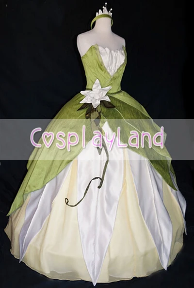 Princess Tiana Costume Green Ball Gown Dress Custom Made Costume With Leaf Crown for Adult Women Fashion Dress