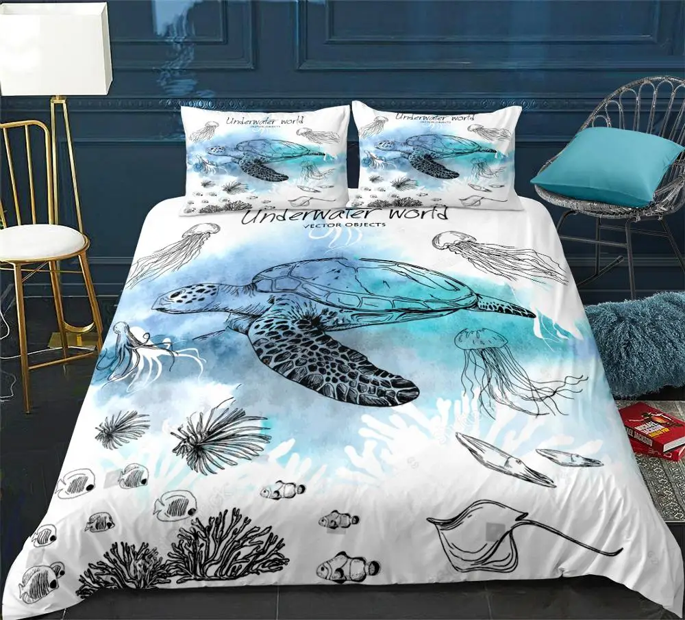 turtle Bedding set ocean animal Duvet cover set boy bed set Jellyfish and shell Bed line for kid Marine life teen home textile