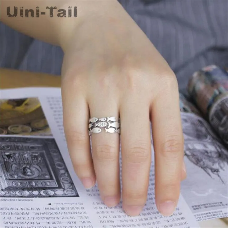 Uini-Tail hot new 925 Tibetan silver retro group of small fish open ring modelli femminili anello in argento tailandese a faccia larga JZ142