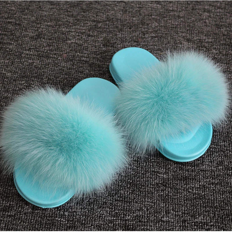 Real Fox Hair Slippers Kids Fur Home Fluffy Sliders Winter Plush Furry Summer Flats Sweet Baby Shoes Large Size 35 Pantufas