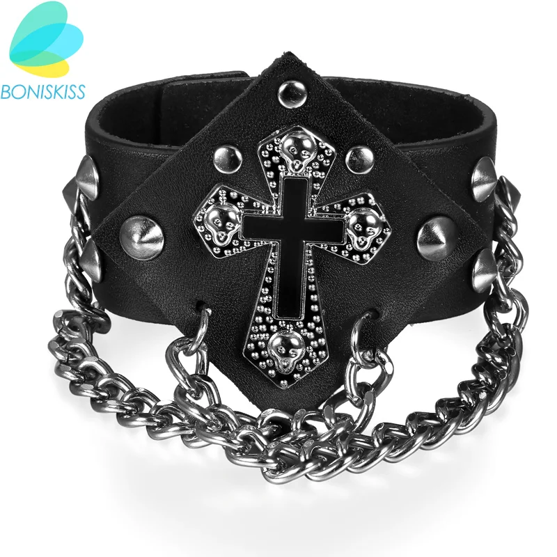 BONISKISS-pulsera de cuero con remaches negros Punk para hombres y mujeres, brazalete con picos, pulsera gótica de Cruz de Rock para joyería de