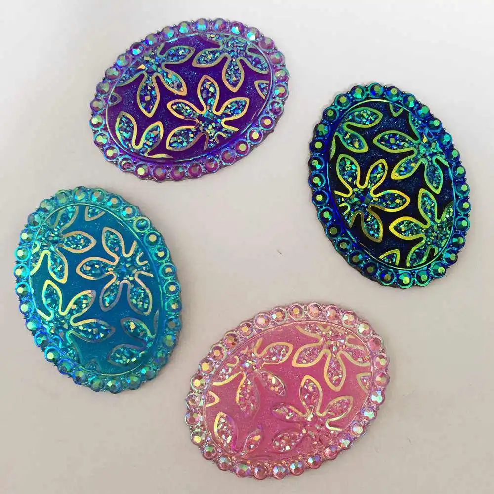 NEW DIY 4PCS 30mm*40mm AB Resin Oval Flatback Rhinestone Flower Wedding Buttons K31