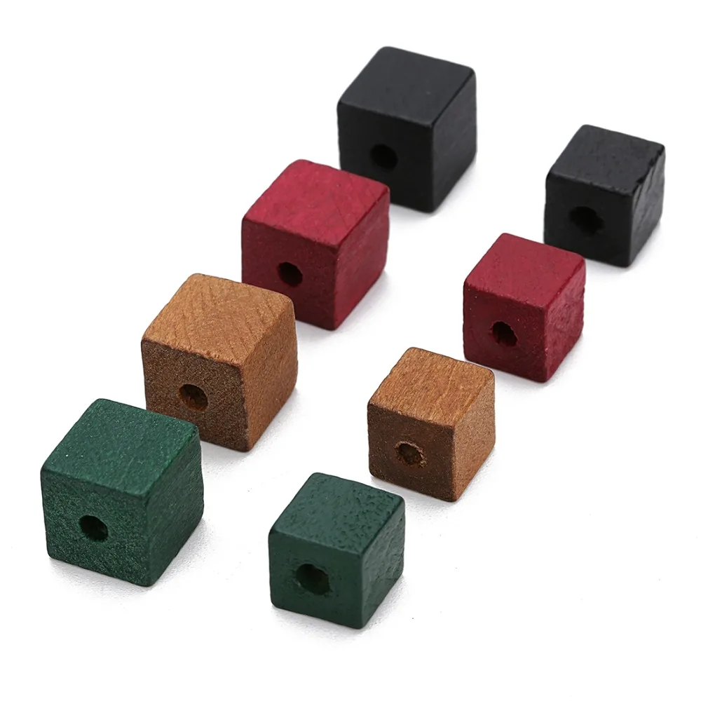 New 50pcs 12mm 14mm Red Green Black Color Natural Wood Beads Square Shape Spacer Wood Beads for DIY Craft Jewelry Findings
