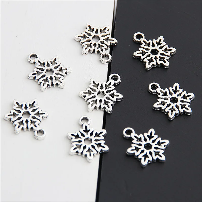 50pcs  Silver Color Snowflake Snow Charms Christmas Pendant Findings Accessories DIY Jewelry Wholesale 11.5x15.5mm A3009