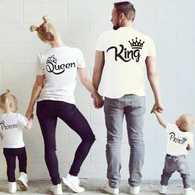 2024 Summer Matching Family Clothes Casual Solid Short Sleeve Cotton T-shirt King Queen Couples T shirt Crown Printed Funny Tops