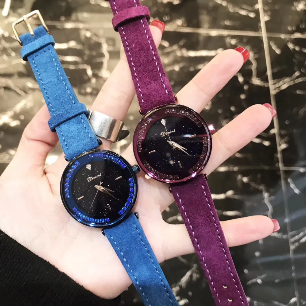 

Noble Blue Fur Leather Watches for Women Luxury Fashion Colorful Crystals Watch Quartz Waterproof Wristwatch Analog Montre Femme