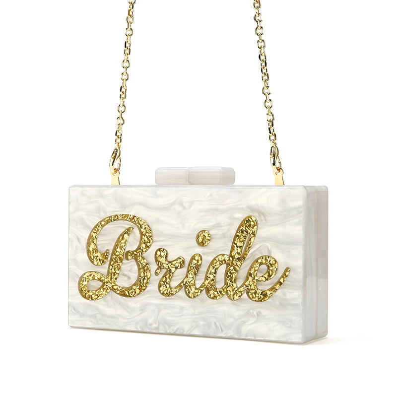 Gold Glitter Bride Name Women Handbag Messenger Bags Acrylic Shoulder Lady Crossbody Mini Female Evening Bags Wedding Box Clutch