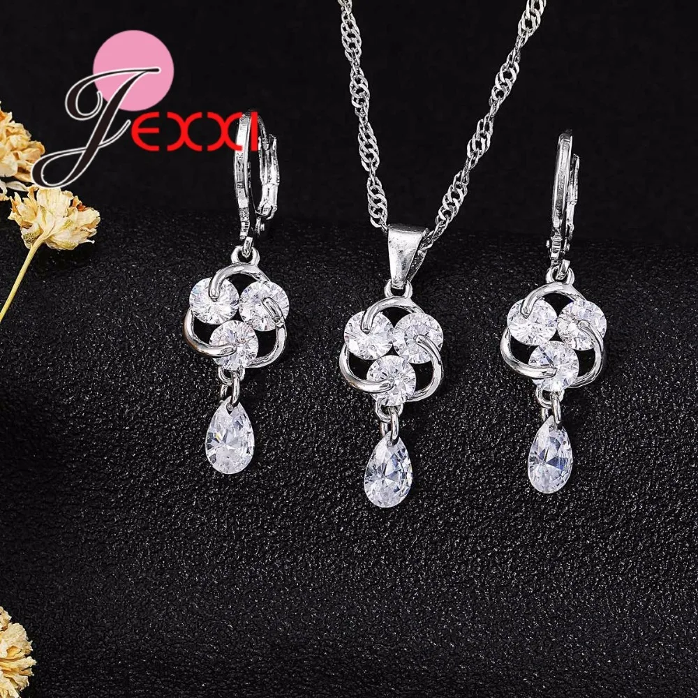 Latest Issued White Cubic Zirconia Water Drop Earrings and Pendant Necklace Jewelry Sets for Women 925 Sterling Silver Color