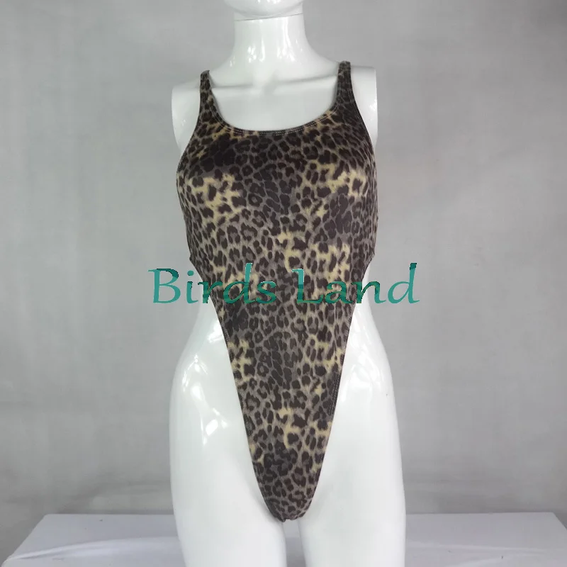 Womens Thong Bodysuit Stretchy High Cut Racer Back Leopard print velvet W428CD